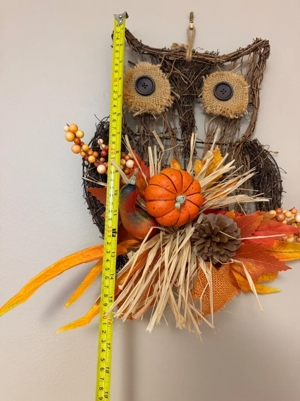 Rustic Fall Owl Grapevine Wreath 16in Autumn Harvest Pumpkin Berries - FALL